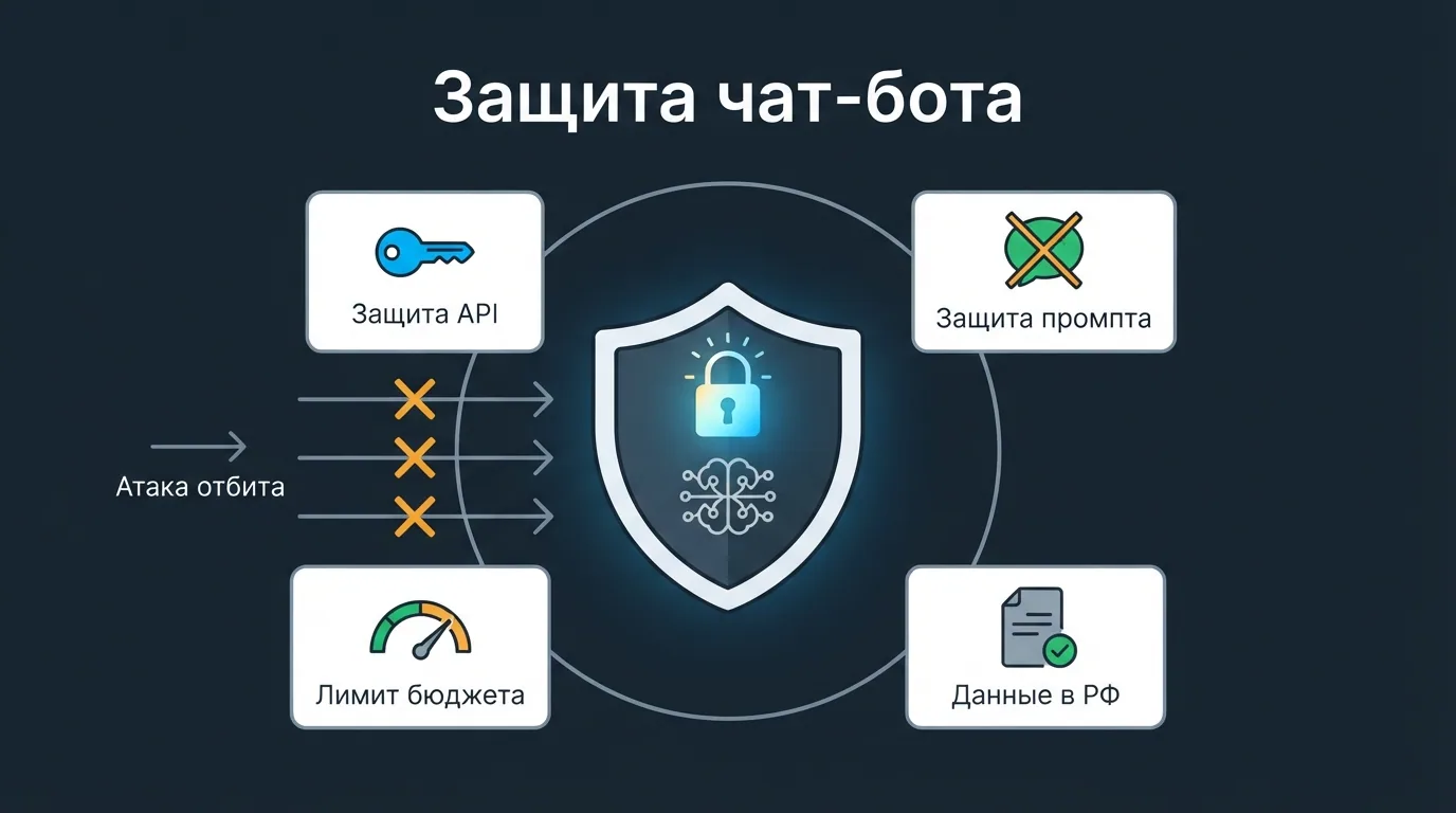 Схема защиты чат-бота: API-шлюз, фильтрация промпт-инъекций и лимиты бюджета