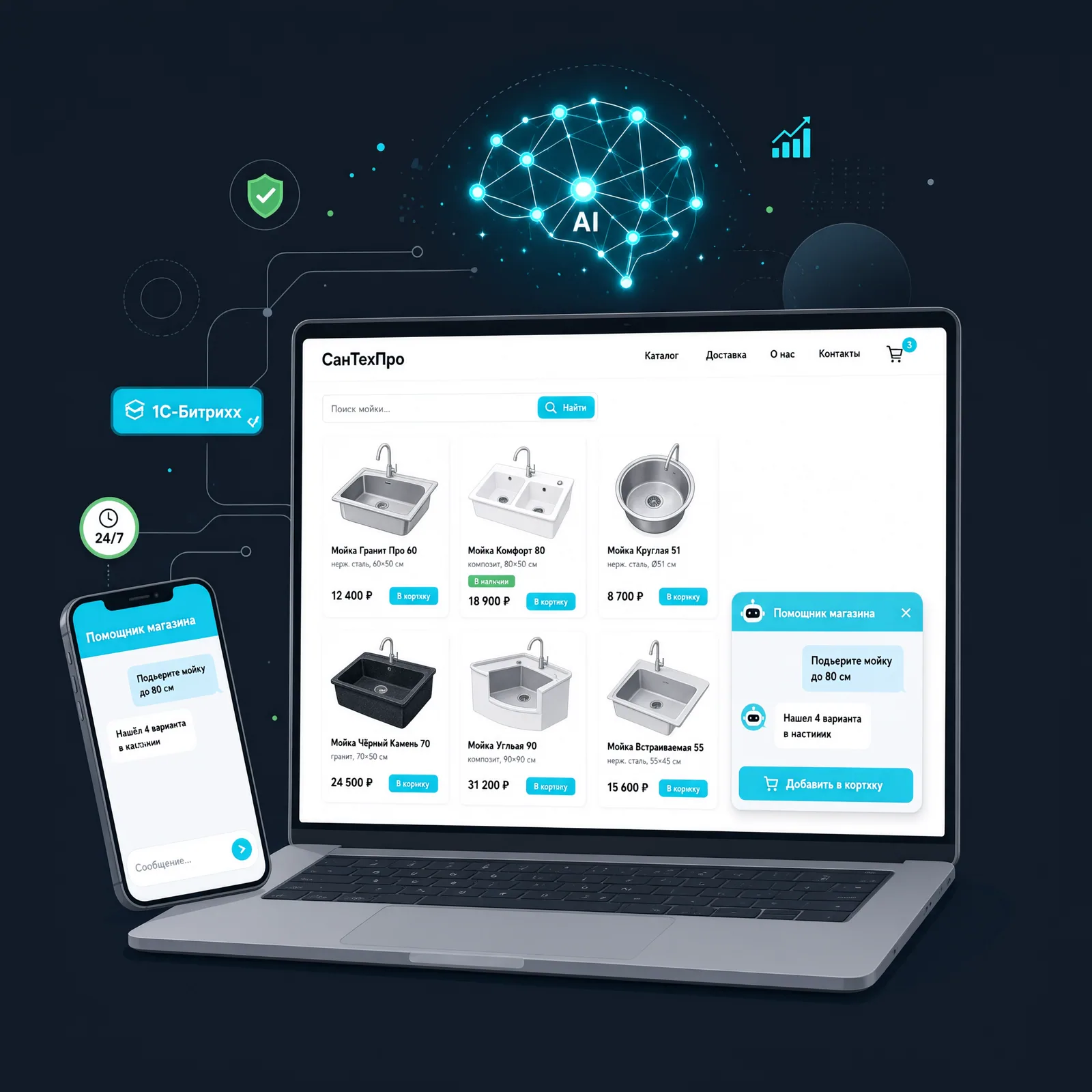 AI чат-бот на сайте интернет-магазина на 1С-Битрикс: подбор товара по каталогу